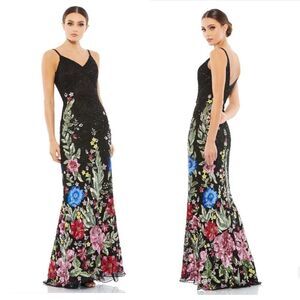 Mac Duggal Black Beaded Floral Evening Gown Slip Dress Formal prom 12 NWT firm